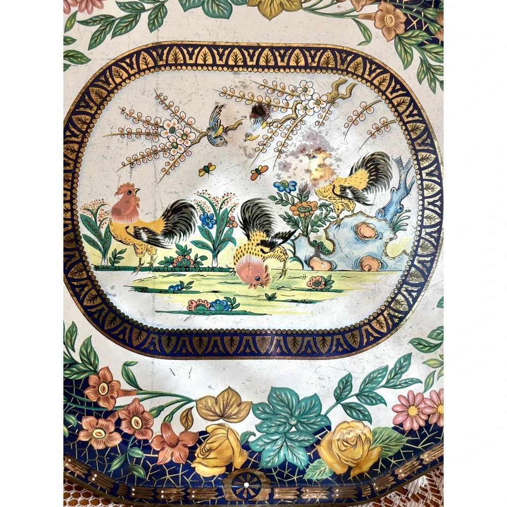 Vintage Daher Decorated‎ Ware Tin Tray Rooster Floral Octagon England Rustic 17